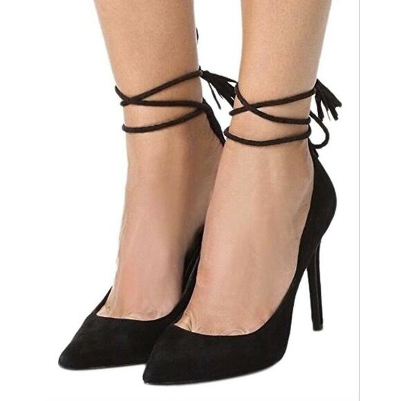 Joie Angelynn Black Suede Ankle Strap Wrap Tassel High Heels Size 9.5 - Picture 4 of 11